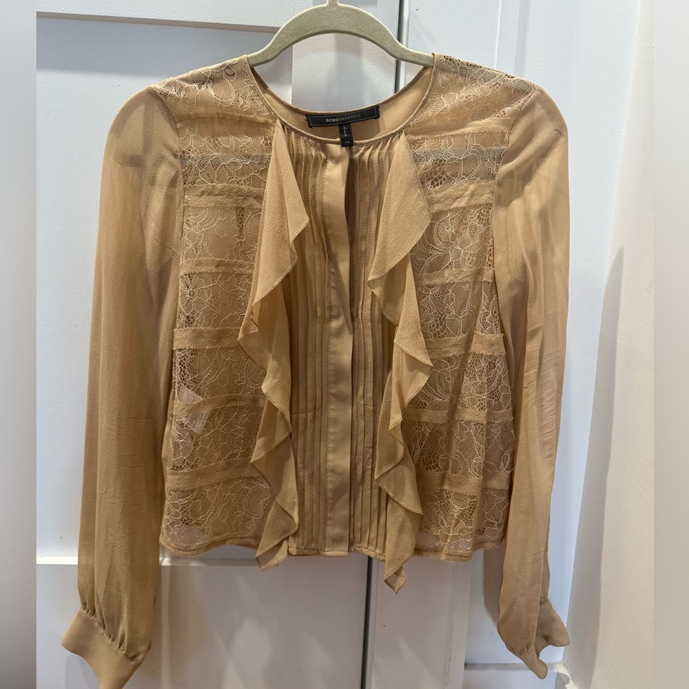 Sheer lace tan BCBG MAXAZRIA blouse in color tan